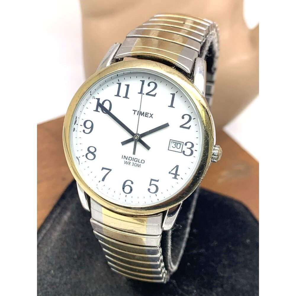 Timex Men's Watch T2H311 Indiglo White Dial Quartz Two Tone Expansion Band 35mm
